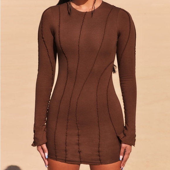 Oh Polly Exposed Seam Split Cuff Mini Dress In Brown - Picture 3 of 7